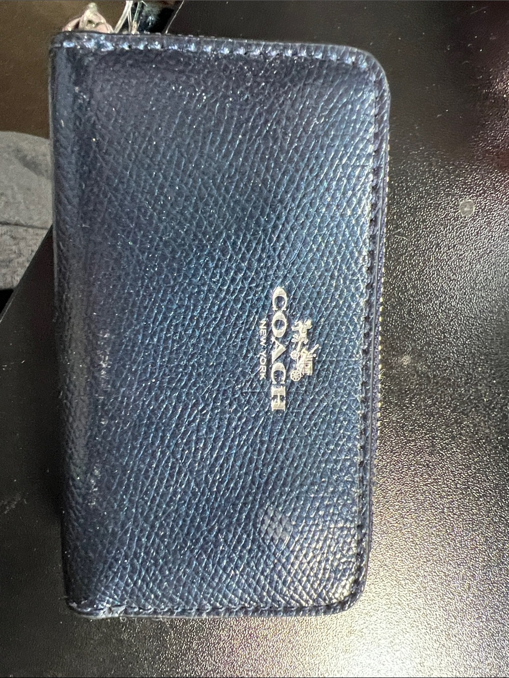 Coach Dark Blue Pebbled Leather Zip Card Wallet with Gold Logo